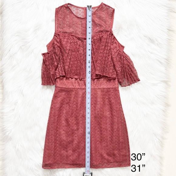 Keepsake Rose Pink Lace Sweetheart Plunge Ruffle Cold Shoulder Mini Pencil Dress - Picture 15 of 16